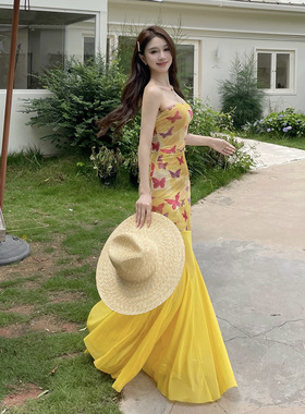 法式度假风印花抹胸连衣裙女 夏季御姐气质收腰长裙