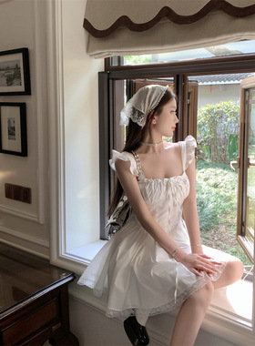 法式甜辣妹小飞袖可爱鱼骨蕾丝系带蓬蓬连衣裙女