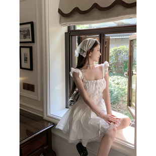 法式甜辣妹小飞袖可爱鱼骨蕾丝系带蓬蓬连衣裙女