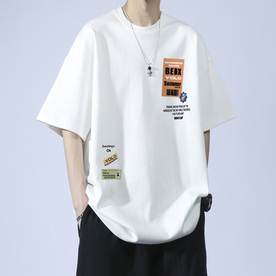 夏季纯棉透气短袖t恤男生潮牌宽松青少年时尚百搭落肩圆领棉T恤男