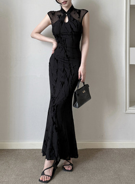 新中式国风镂空网纱拼接旗袍女百搭高级感新中式连衣裙