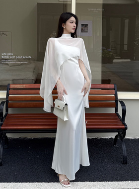 夏季法式小众浪漫风白色深V领连衣裙 轻奢宴会晚礼服女