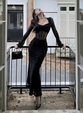 法式立体暗纹提花连衣裙女 春季性感优雅修身连衣裙