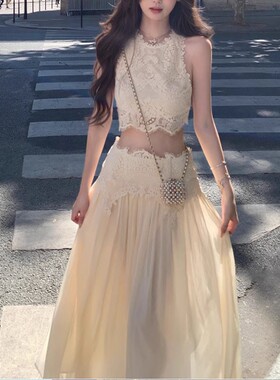 夏季新款卢浮幻境优雅甜美精致睫毛蕾丝上衣+长裙套装女