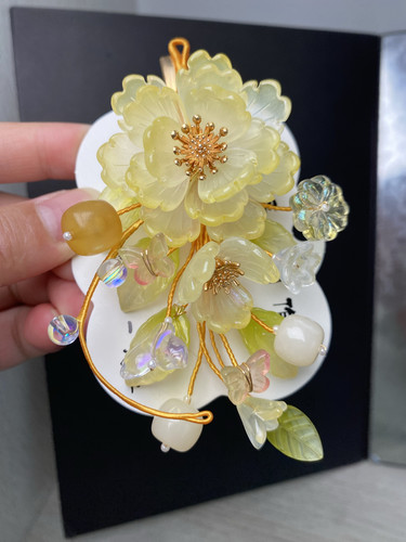 原创国风发饰琉璃花朵发夹子发钗新中式旗袍马面汉服明媚黄色头饰