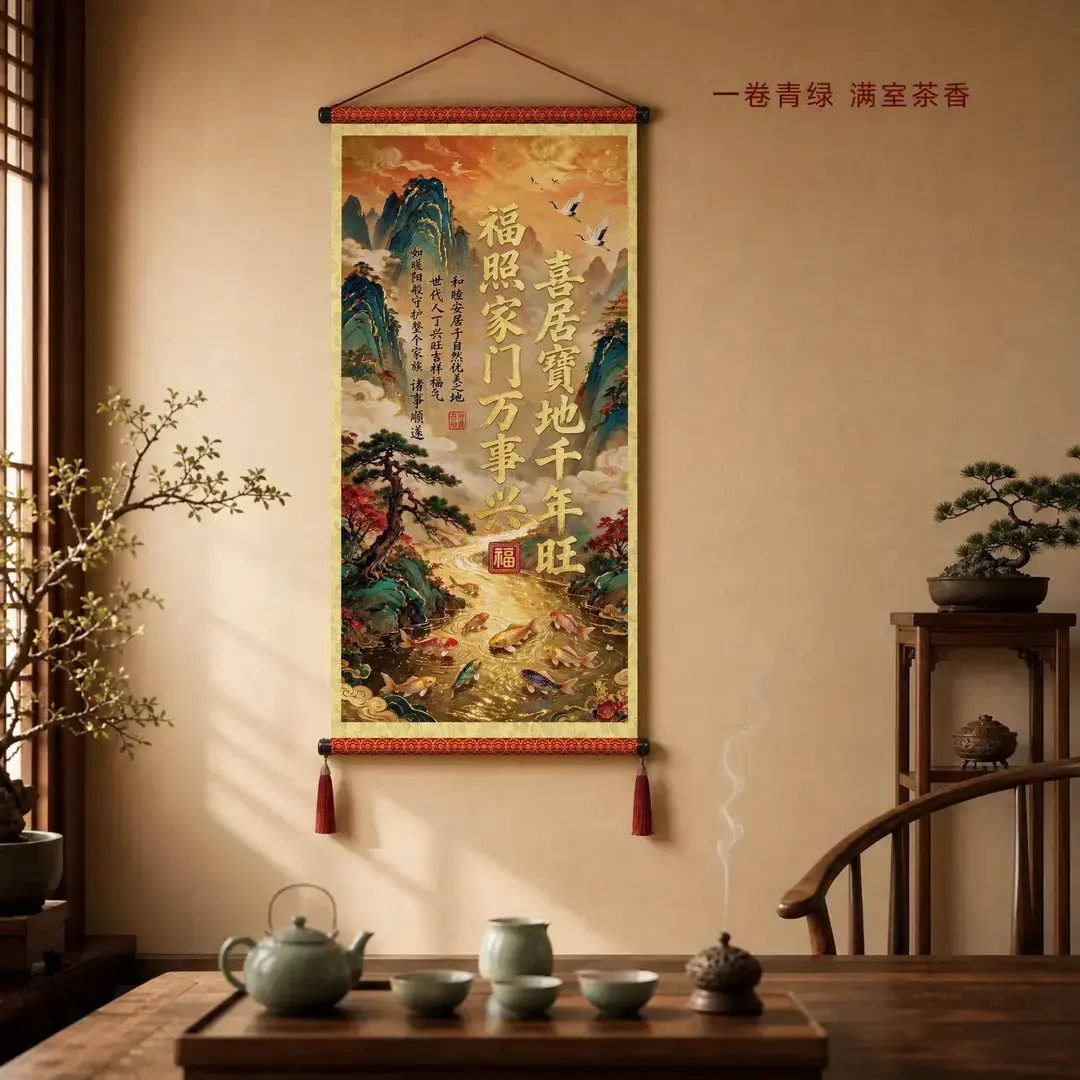 九鱼图喜居宝地千年旺卷轴挂画
