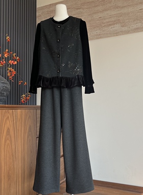 气质时尚新款妈妈装春秋季马甲内搭裤子三件套中老年女士百搭套装
