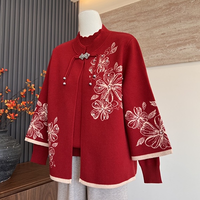 妈妈装秋季新款针织衫上衣真两件