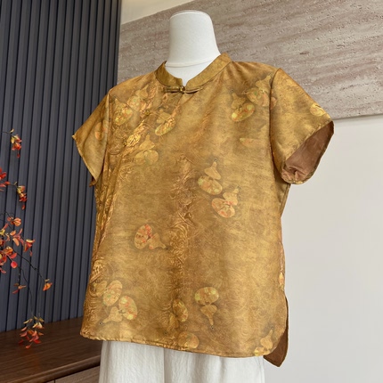 新中式妈妈装夏季短袖旗袍领仿真丝上衣服小衫中老年女士百搭衬衫