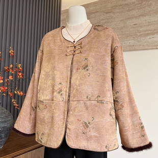 新中式妈妈装冬季加绒圆领棉衣开衫中老年女士一体绒保暖棉服外套