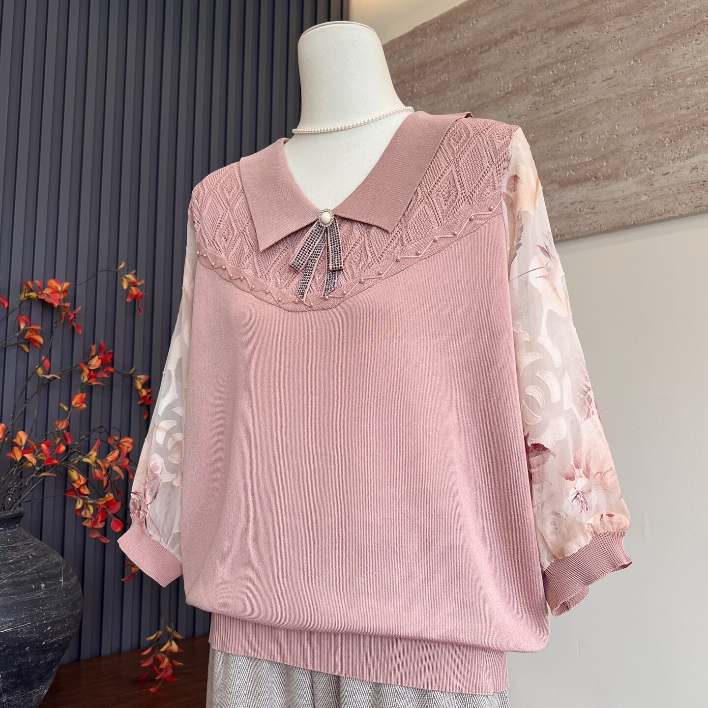 洋气新款妈妈装春季七分纱袖T恤