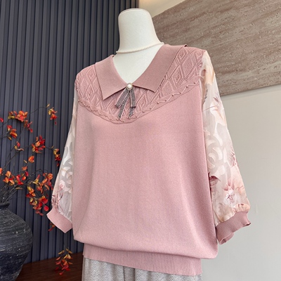 洋气新款妈妈装春季七分纱袖T恤