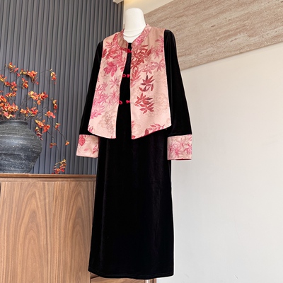 妈妈装春季新款连衣裙马甲两件套