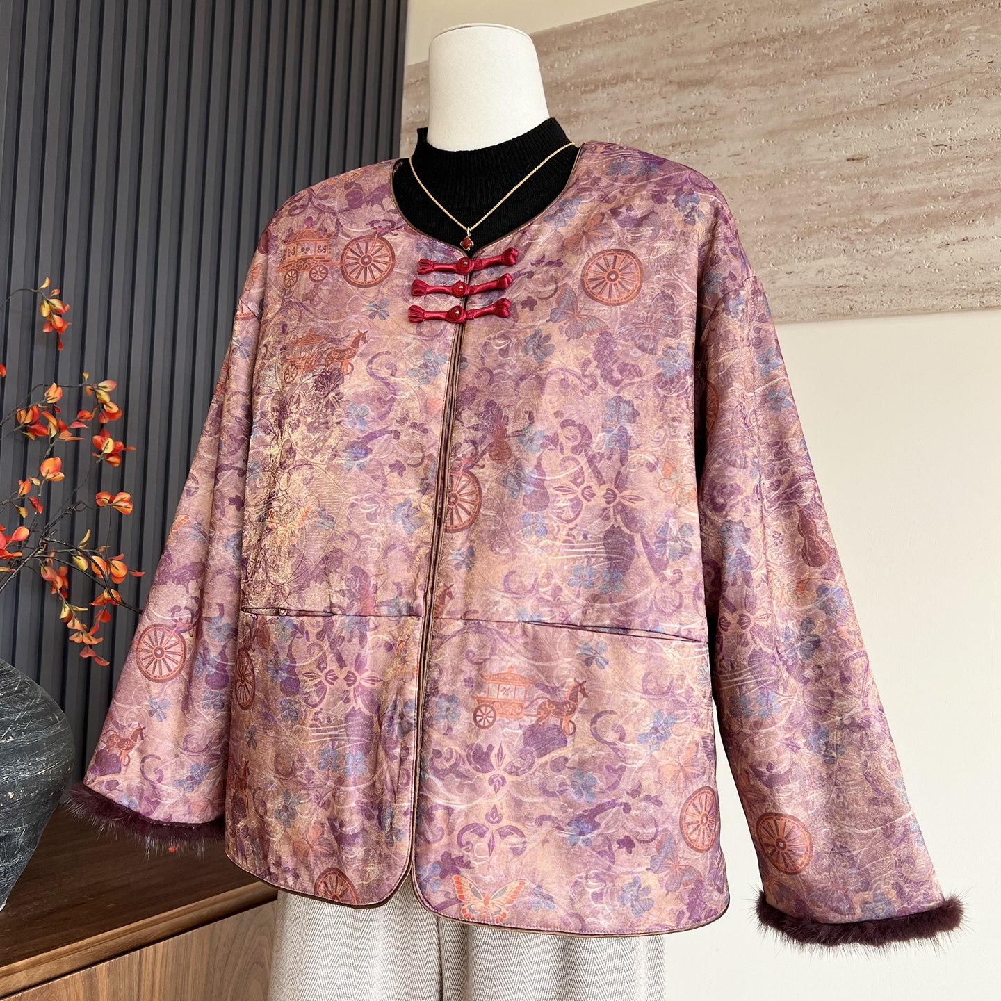 新中式妈妈装冬季圆领加绒纽扣棉衣开衫中老年女气质保暖外套棉服