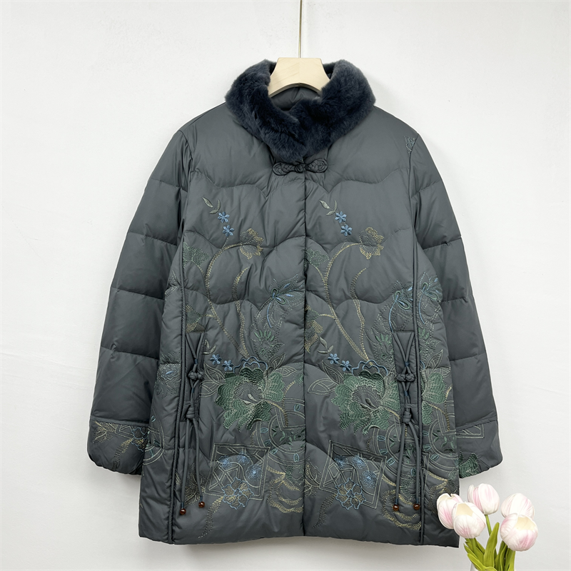 奶奶冬装毛领羽绒服妈妈保暖棉袄