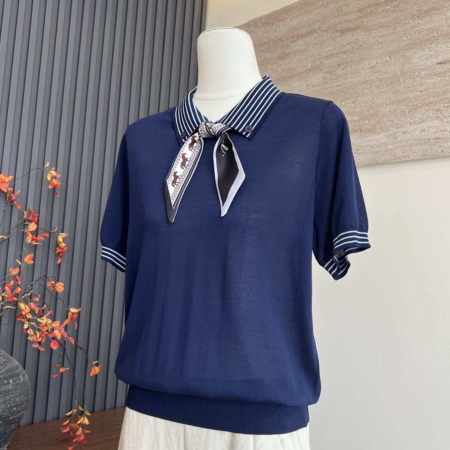 妈妈装针织翻领丝巾夏季短袖上衣