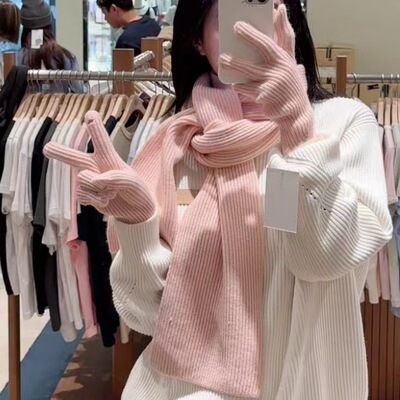 韩国小众秋冬新款 百搭纯色净版保暖手套围巾套装两件套