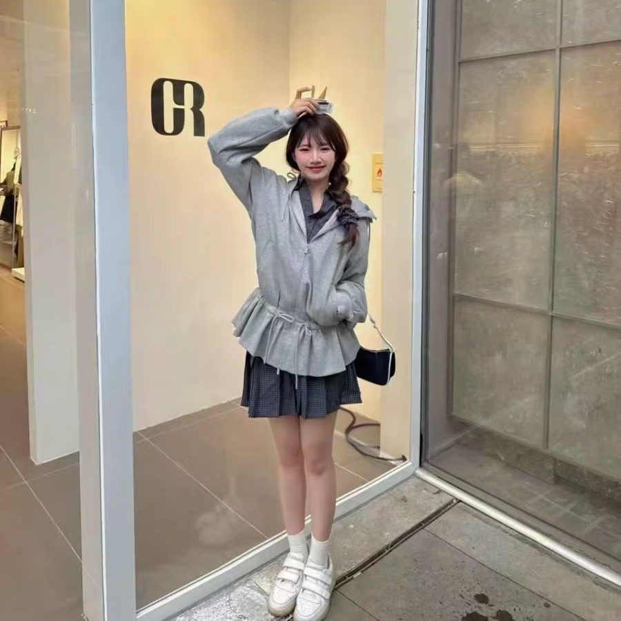 韩国小众新款 简约宽松休闲腰部抽绳裙边卫衣连帽外套