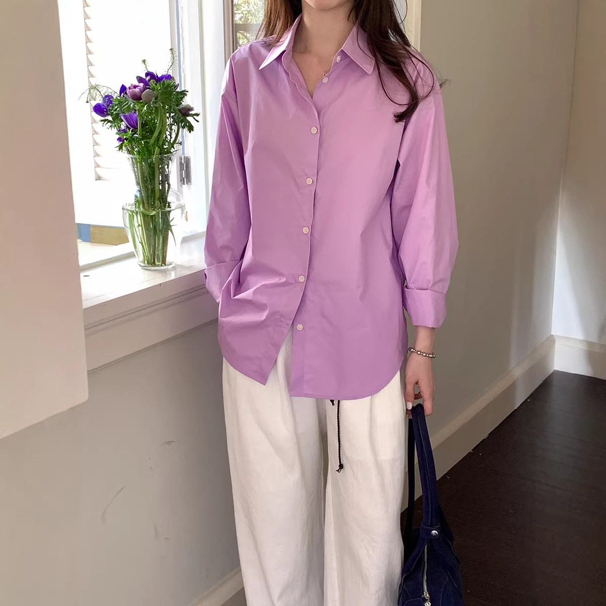 广州十三行2026新款春装女装韩系简约紫色长袖衬衫女纯棉开衫上衣