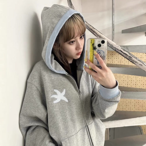 TCM海星刺绣拼色撞色连帽卫衣拉链外套