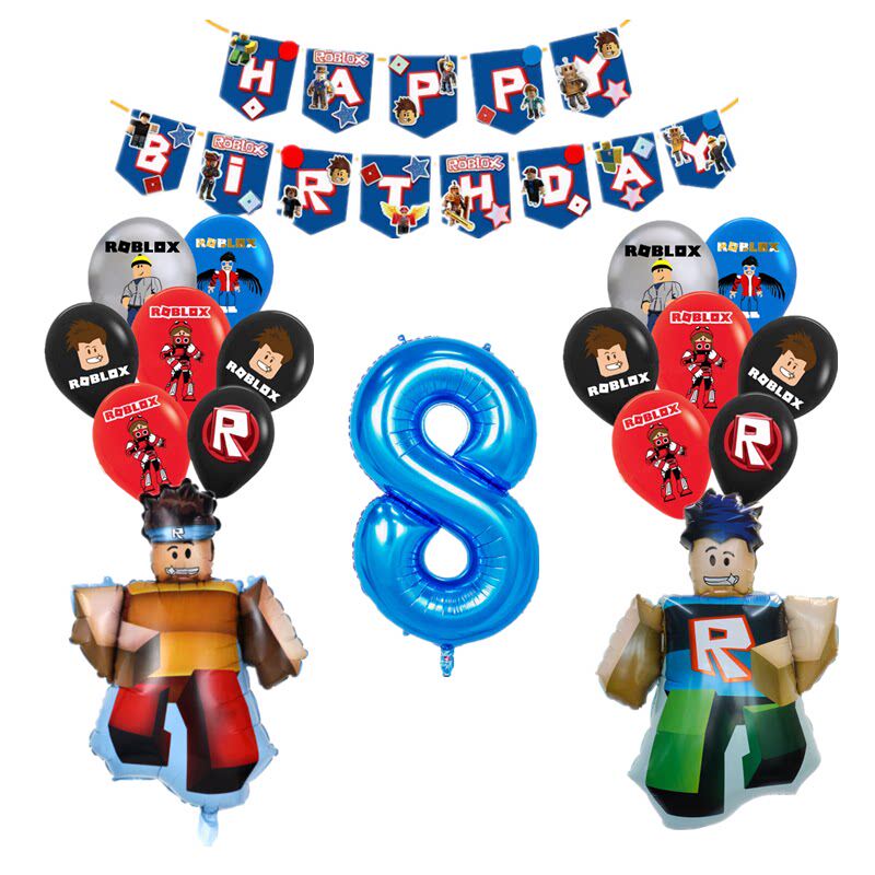 Roblox游戏造型铝膜气球儿童男孩生日派对装饰字母拉旗蓝数字套装