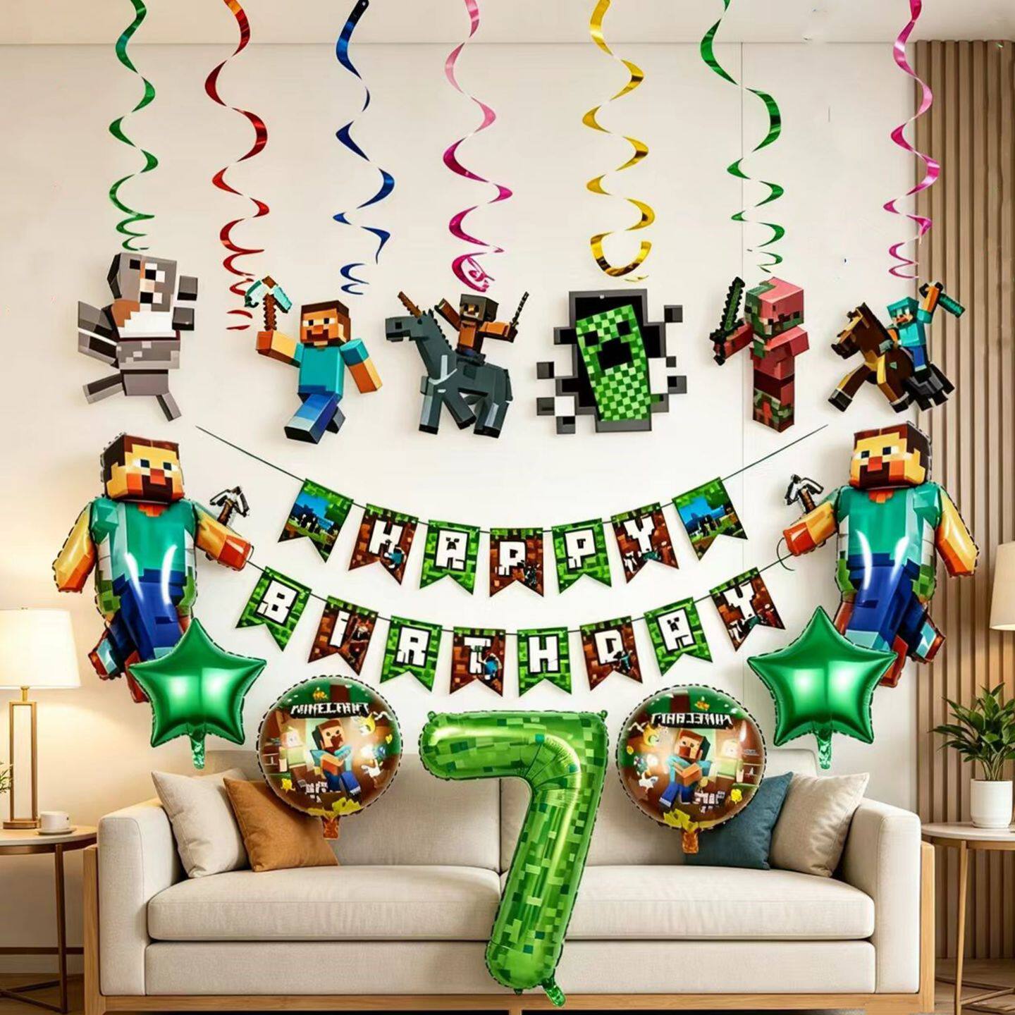 我的世界主题生日布置气球套装男孩10周岁场景背景装饰拉旗挂饰品