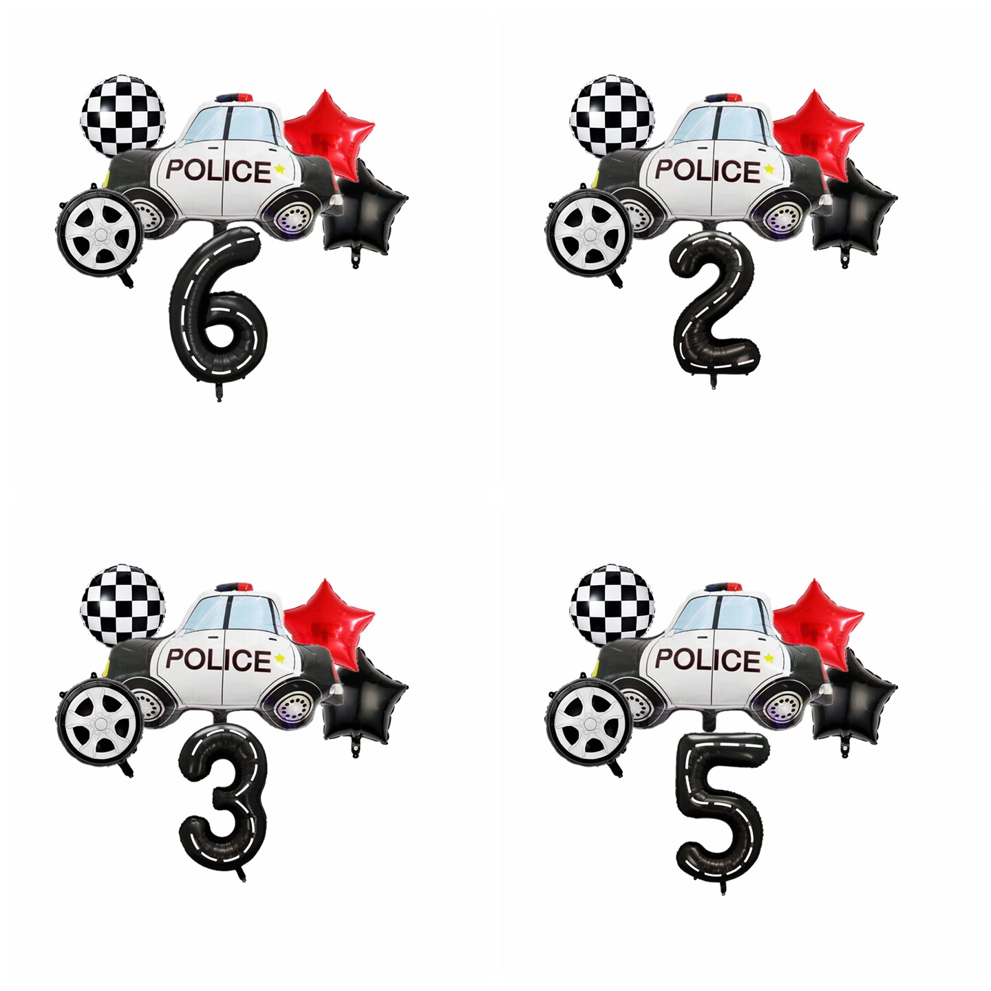 警车卡通铝膜气球汽车圆形轮胎主题生日布置五角星40寸黑色大数字