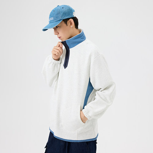 WANLEGETU日系加绒加厚套头立领男卫衣撞色贴布休闲宽松长袖上衣