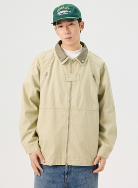 WANLEGETU日系潮流男士拼皮翻领夹克衫石墨水洗潮牌大码男装外套