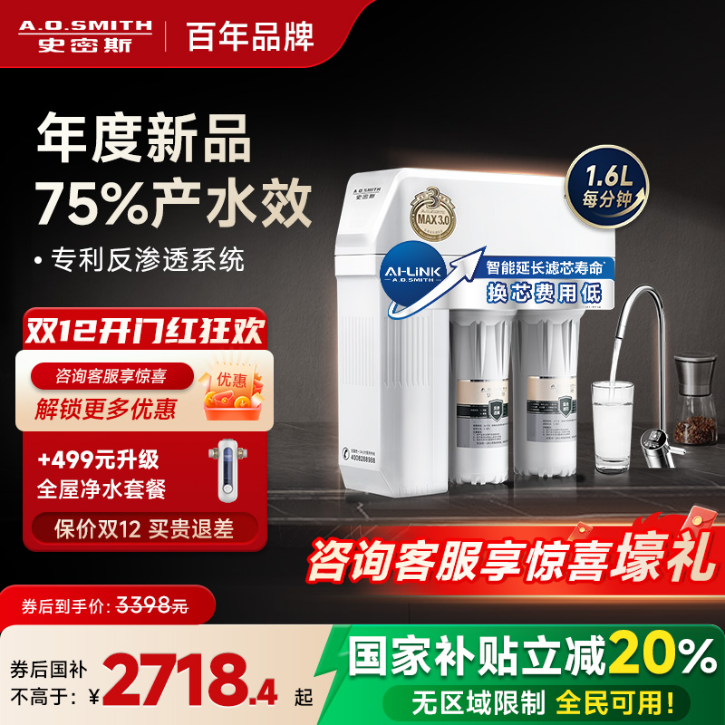 AO史密斯家用直饮净水器1600智能