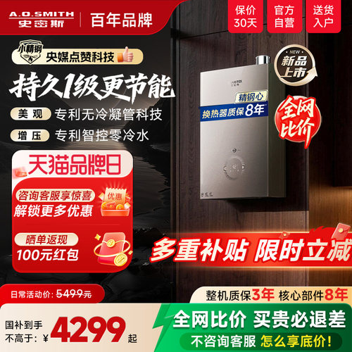 【国补15%】AO史密斯佳尼特零冷水1级能效燃气热水器TJE5
