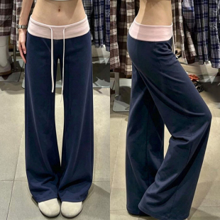撞色腰美式拼接运动裤女夏季高腰显瘦垂感慵懒风休闲直筒阔腿长裤