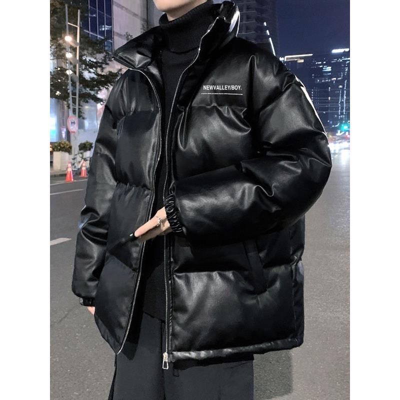 冬季PU皮羽绒服男士宽松立领加厚保暖港风青少年潮牌免洗面包棉服
