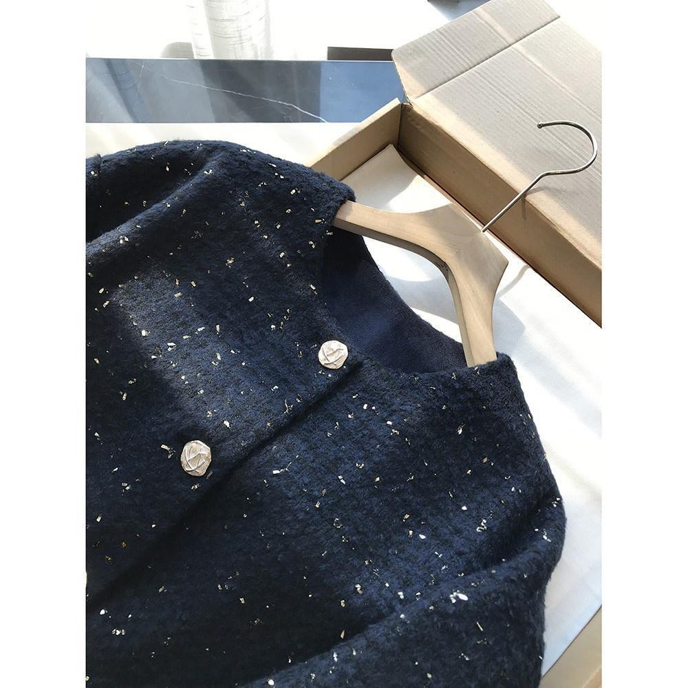 杜维埃蓝~不失格调的时髦度~！法式编织毛呢圆领短款外套G101501