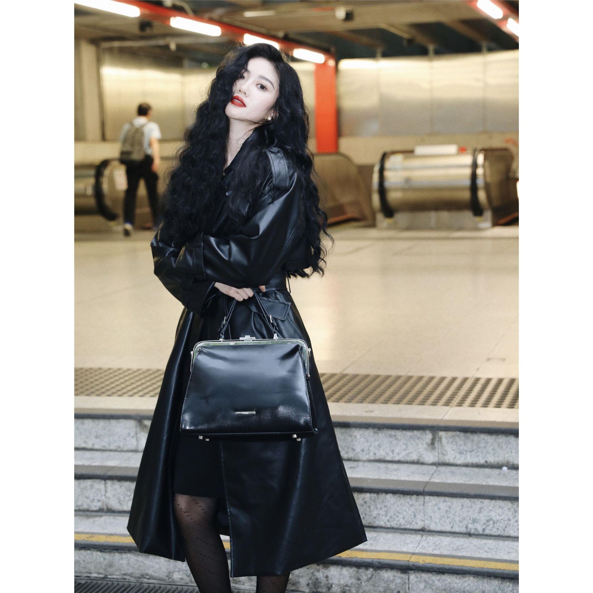 酷飒气质感系带中长款PU皮大衣外套女秋冬风衣通勤风长款薄外套