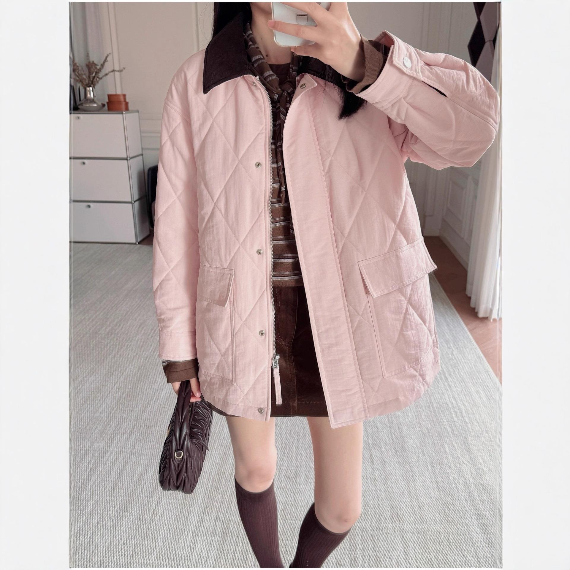 文艺巴恩风！灯芯绒拼接 宽松菱格绗缝棉服夹克外套2025秋G102301
