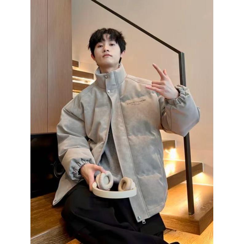 美式复古PU皮立领羽绒服男冬季加厚保暖防寒面包服高级感棉服外套