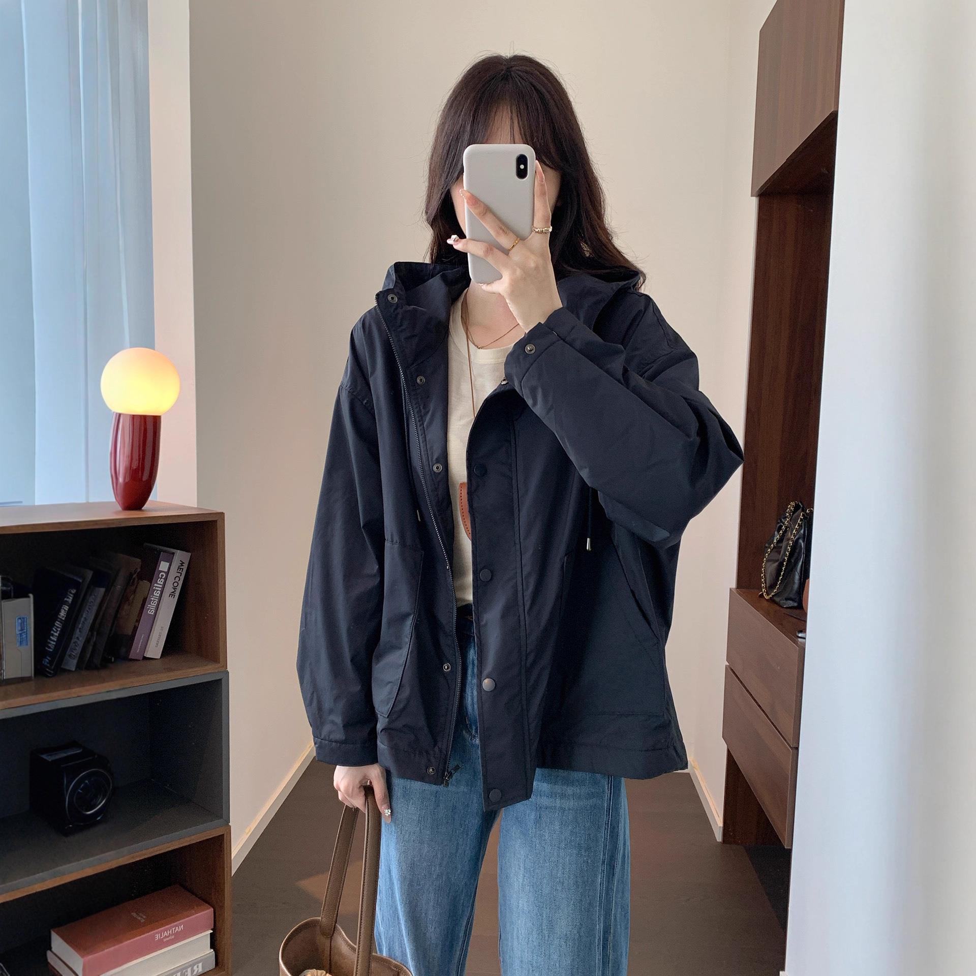 简约 加绒保暖连帽抽绳休闲宽松廓形户外工装派克风衣 秋G102902