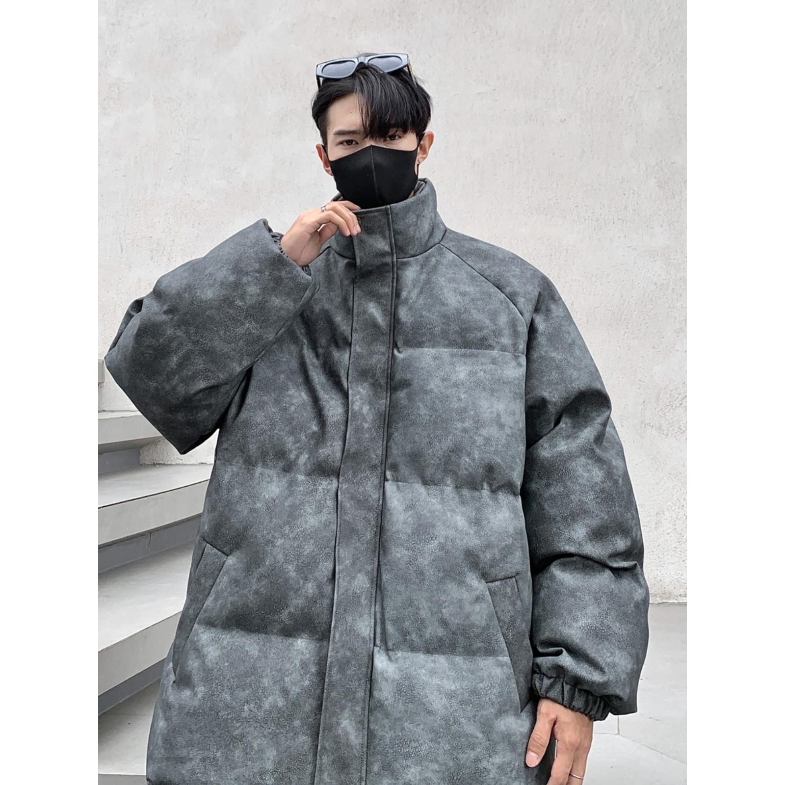 2025冬季高街潮牌羽绒服外套美式pu皮衣做旧男外套加厚保暖面包服