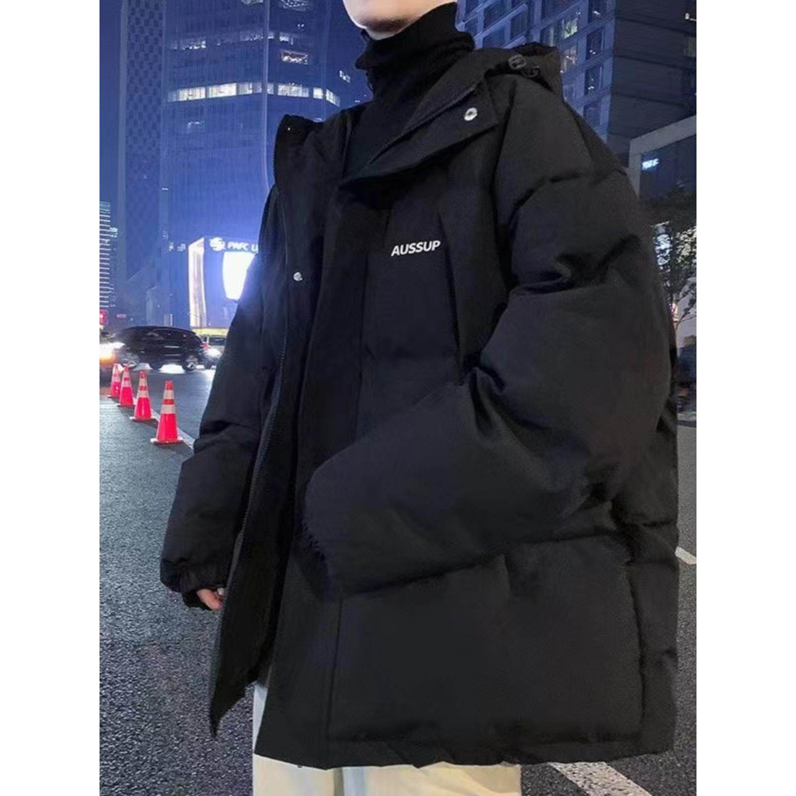 羽绒服男士冬季潮牌字母宽松连帽外套港风帅气情侣面包服加厚立领