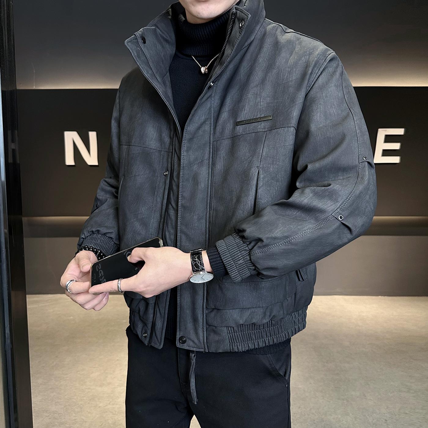 PU皮国标羽绒服男士潮牌立领冬季款高端复古美式休闲加厚保暖外套