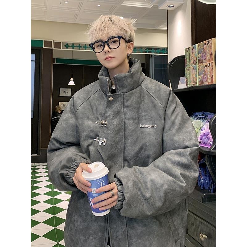 pu皮羽绒服男冬季金属飞机扣美式棉服外套加厚保暖宽松面包服棉衣