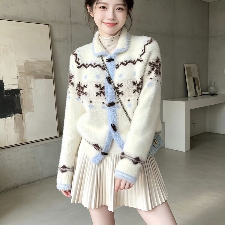 费尔岛翻领毛衣套装女2026秋冬新款气质针织衫上衣半身裙两件套潮