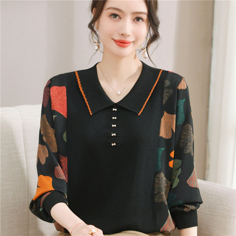 大码时尚妈妈装娃娃领套头针织雪纺衫中老年女春秋蝙蝠长袖打底衫