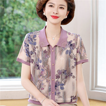 2025夏季新款时尚中老年妈妈装冰丝T恤套装洋气上衣女短袖薄小衫
