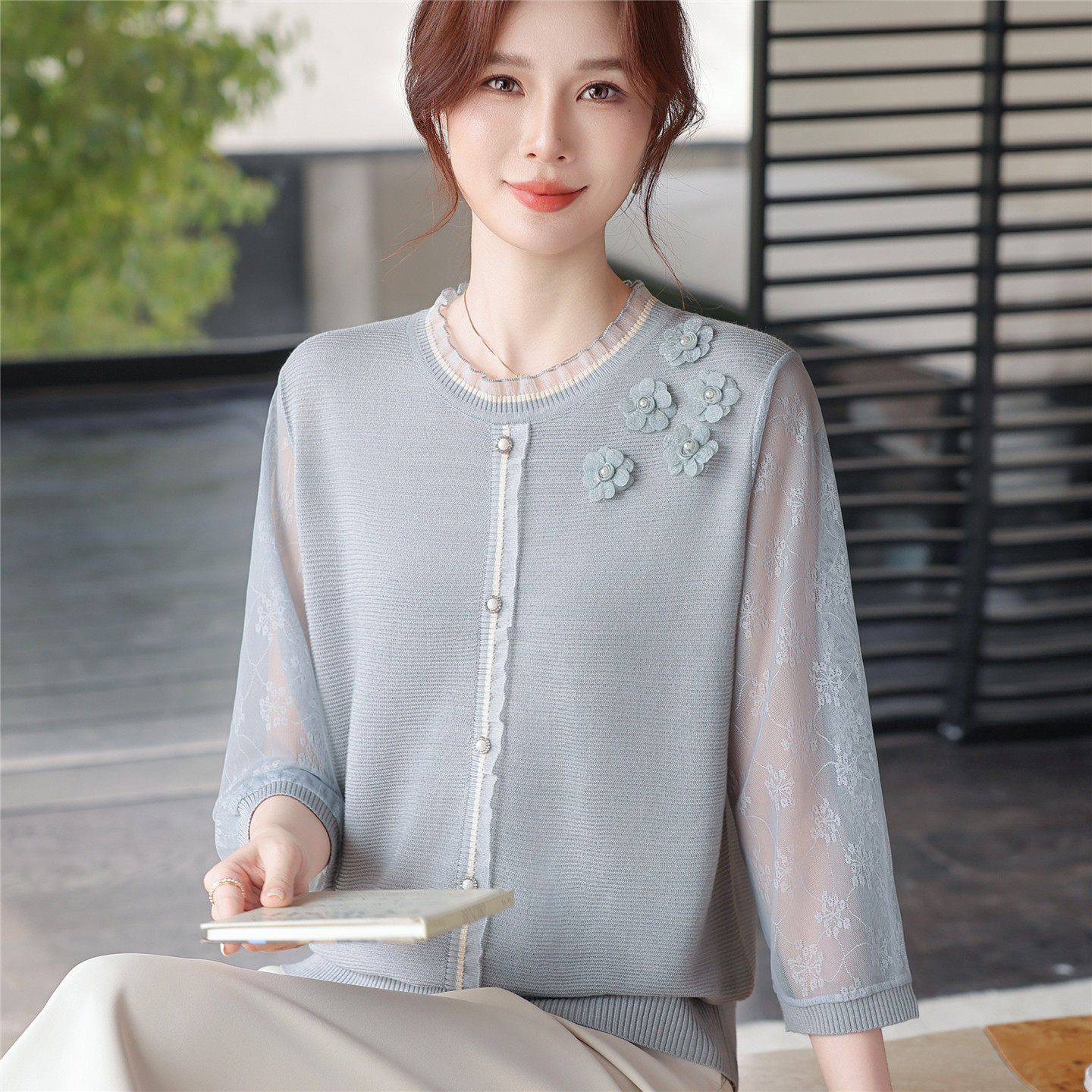 妈妈夏装纱袖T恤小衫中老年女装春秋七分袖洋气薄款打底上衣百搭