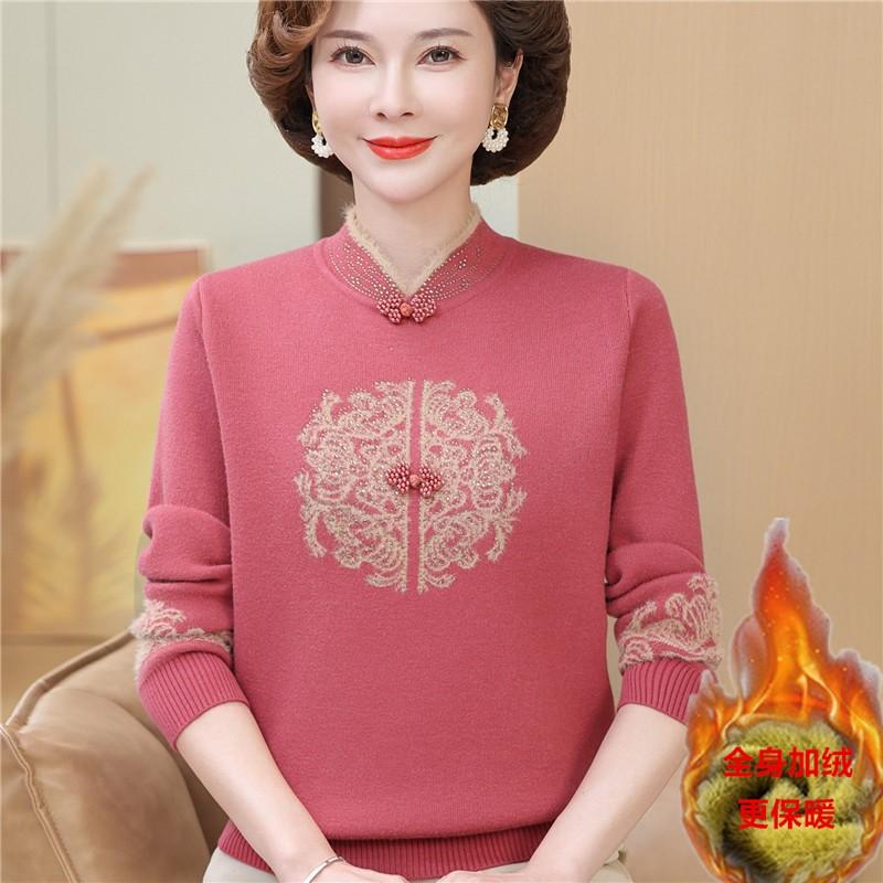 妈妈装旗袍领针织打底衫中老年女