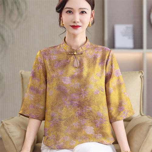 小个子妈妈夏装新中式中袖T恤衫