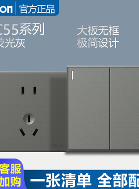 西蒙开关插座C55荧光灰色86型家用暗装电源一开五孔带usb面板多孔