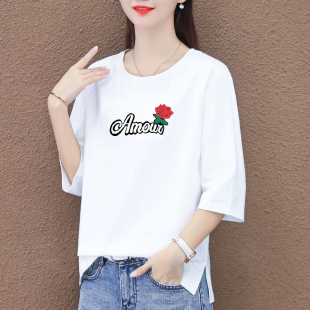 T恤女宽松显瘦时尚 五分袖 洋气印花通勤风紫色上衣潮 新款 2026夏季